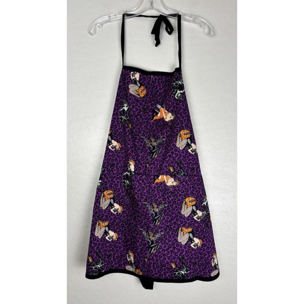 Torrid Pin Up Halloween Witch Leopard Print Apron Black Pockets Purple‎ 1743